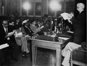 Bertrand Russell at the press conference releasing what became known as the Russell-Einstein Manifesto